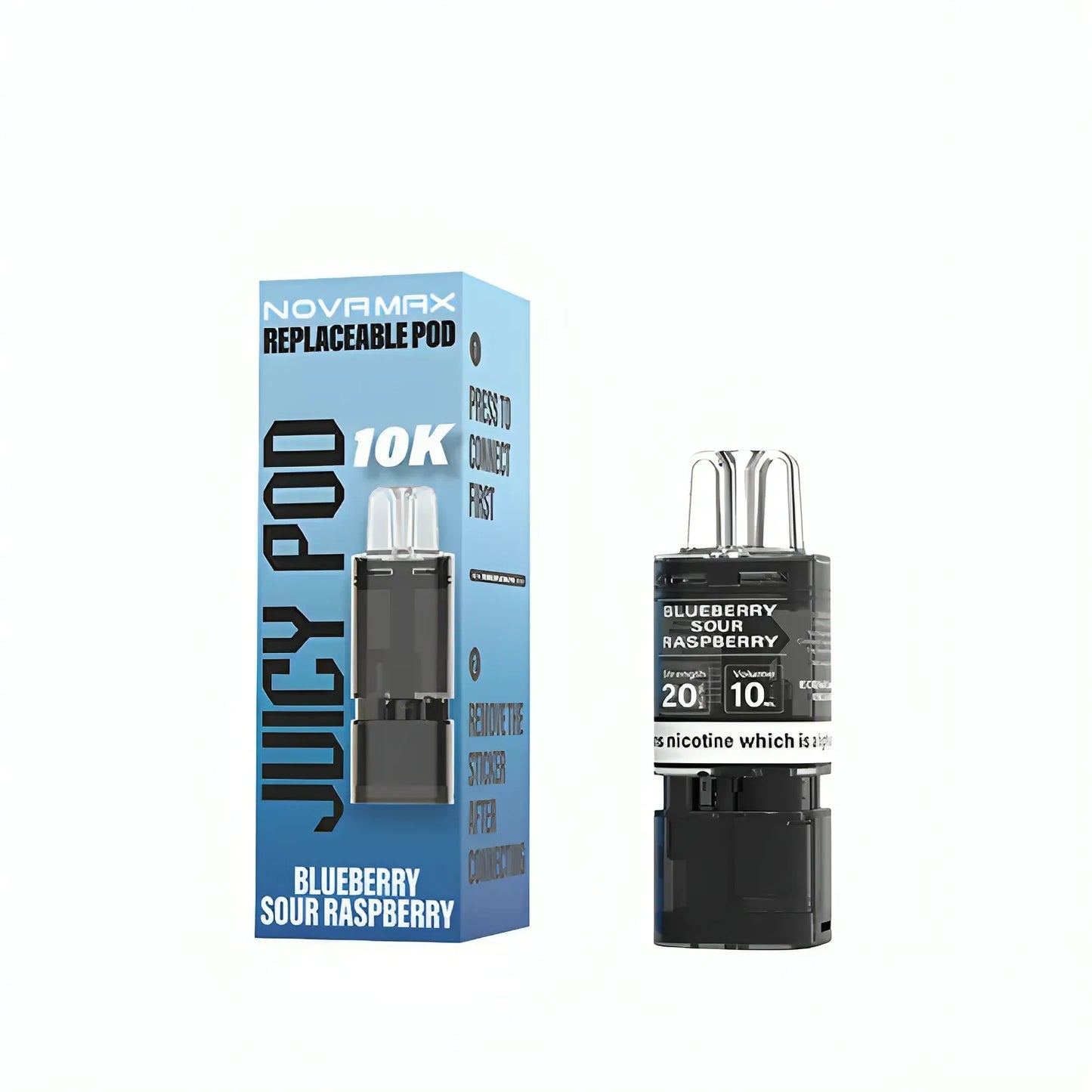 Juicy Pod Novamax 10K Pre-filled Replacement Pod – Blueberry Sour Raspberry Juicy 10K Prefilled Pods flavor, premium vape refill with 10,000 puff capacity and 20mg nicotine strength