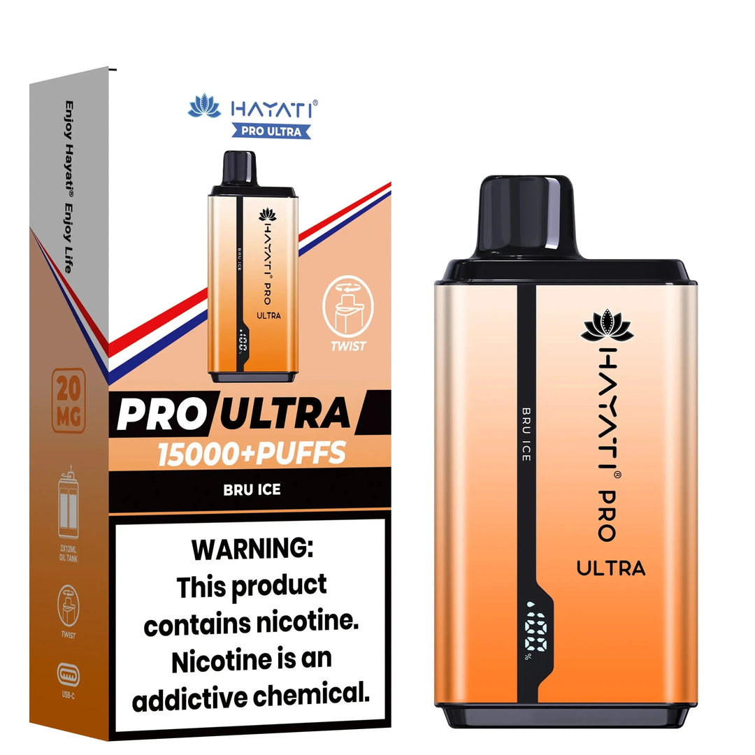 Hayati Pro Ultra disposable vape in Bru Ice flavor, with an ombre of peach to light brown on the device and packaging.