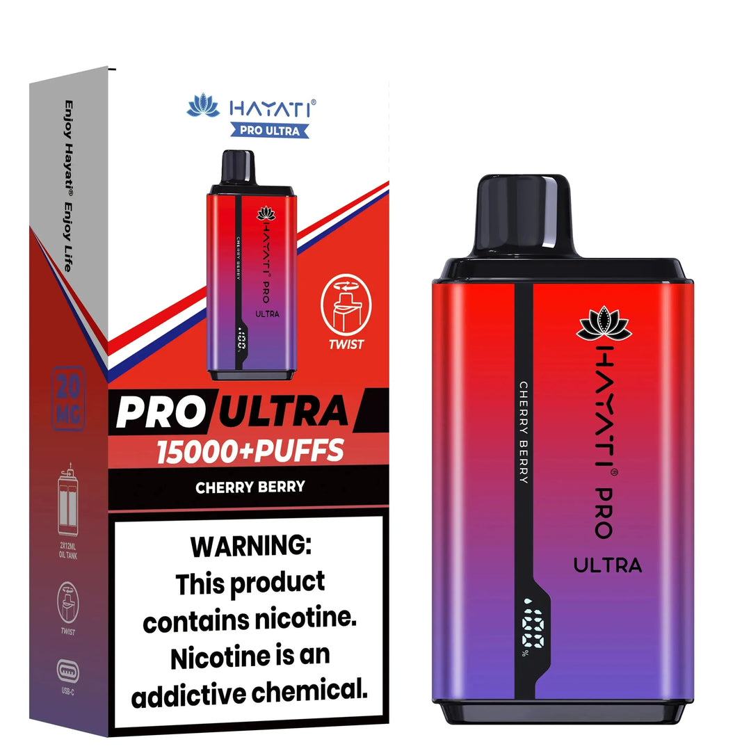 Hayati Pro Ultra disposable vape in Cherry Berry flavor, with a purple to red gradient on the device and packaging.