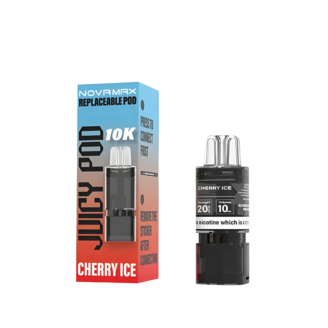 Juicy Pod Novamax 10K Pre-filled Replacement Pod – Cherry Ice Juicy 10K Prefilled Pods flavor, premium vape refill with 10,000 puff capacity and 20mg nicotine strength