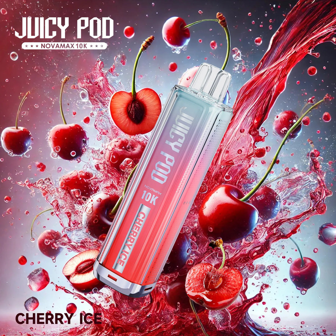 Juicy Pod Novamax 10K Puff Prefilled Pod Kit – Cherry Ice Juicy Pod 10K flavor with vibrant fruity splash visuals, premium vape device with intense taste and 10,000 puff capacity