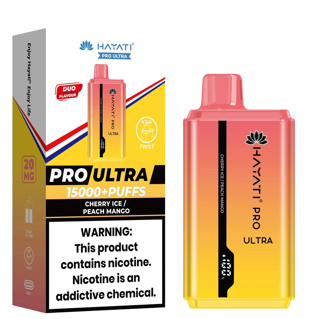 Hayati Pro Ultra disposable vape in Cherry Ice / Peach Mango flavor, presented in a gradient of peach to red on the device and packaging.