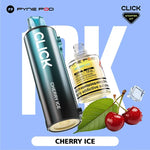 Load image into Gallery viewer, Close-up studio shot of a Pyne Pod Click starter kit, showing a dark grey vape pen with &quot;Cherry Ice&quot; printed on the side, and a clear bottle of the same flavoured e-liquid, with two cherries, an ice cube, and a green leaf in the foreground.
