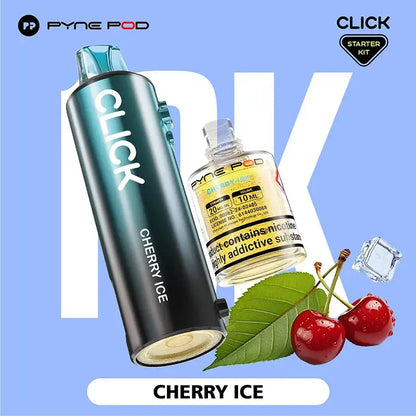 Close-up studio shot of a Pyne Pod Click starter kit, showing a dark grey vape pen with "Cherry Ice" printed on the side, and a clear bottle of the same flavoured e-liquid, with two cherries, an ice cube, and a green leaf in the foreground.