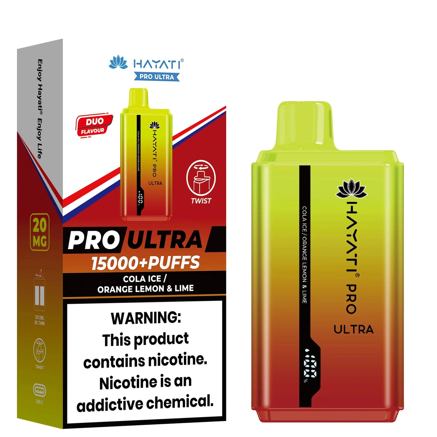 Hayati Pro Ultra disposable vape in Cola Ice / Orange Lemon & Lime flavor, featuring a gradient of yellow and orange on the device and packaging.