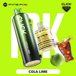 Load image into Gallery viewer, Close-up studio shot of a Pyne Pod Click starter kit, showing a green vape pen with &quot;Cola Lime&quot; printed on the side, and a clear bottle of the same flavoured e-liquid, with a lime and a splash of cola in the foreground.
