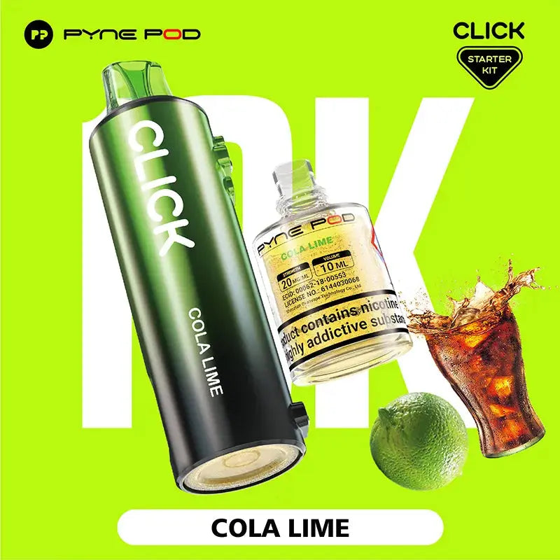 Close-up studio shot of a Pyne Pod Click starter kit, showing a green vape pen with "Cola Lime" printed on the side, and a clear bottle of the same flavoured e-liquid, with a lime and a splash of cola in the foreground.