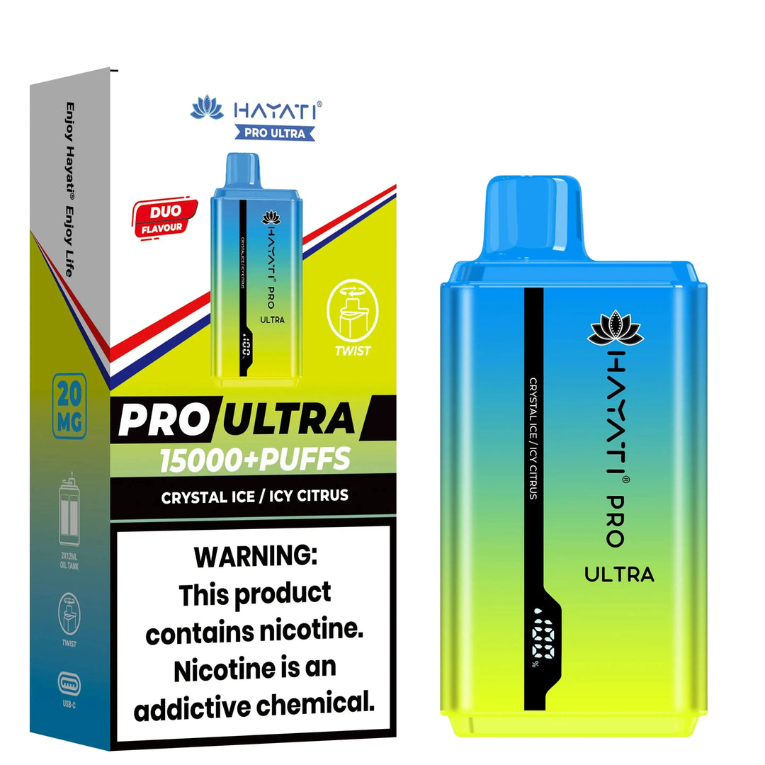 Hayati Pro Ultra disposable vape in Crystal Ice / Icy Citrus flavor, showing a gradient from turquoise to blue on the device and packaging.