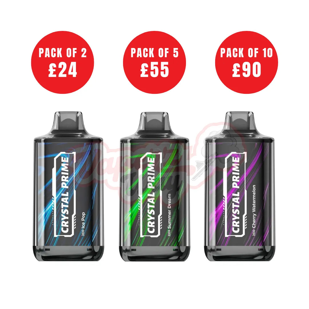 Three disposable crystal prime deluxe 18K puff disposable vapes, each with a different flavor and color. The vapes are in packs of 2, 5, and 10, with corresponding prices in pounds sterling. The flavors are Ice Pop, Summer Dream, and Cherry Watermelon.