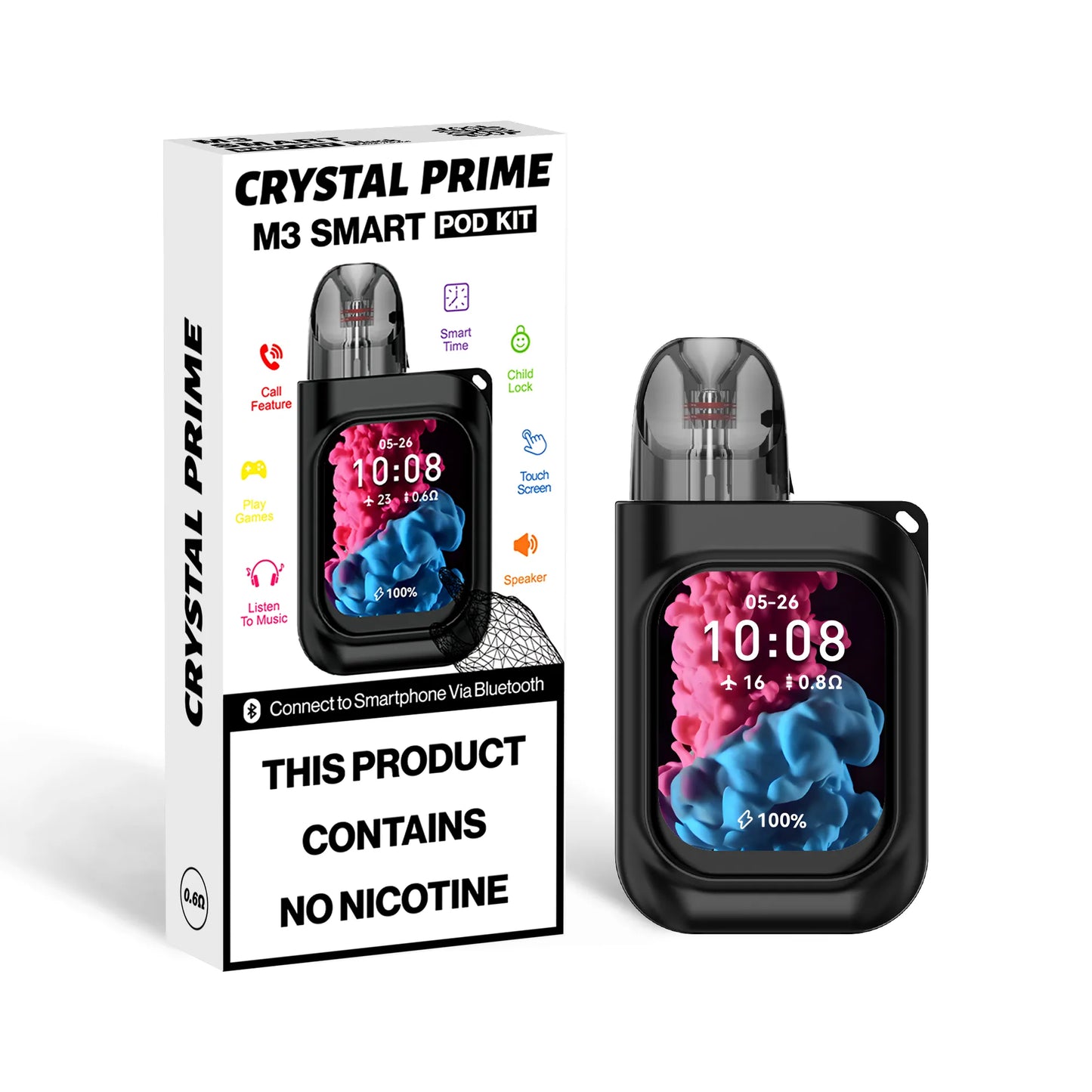 Crystal Prime M3 Smart Pod Kit in Black. Touch screen Refillable Vape with Bluetooth, Call Features, Music, and Games. Contains a 2ml Pod.