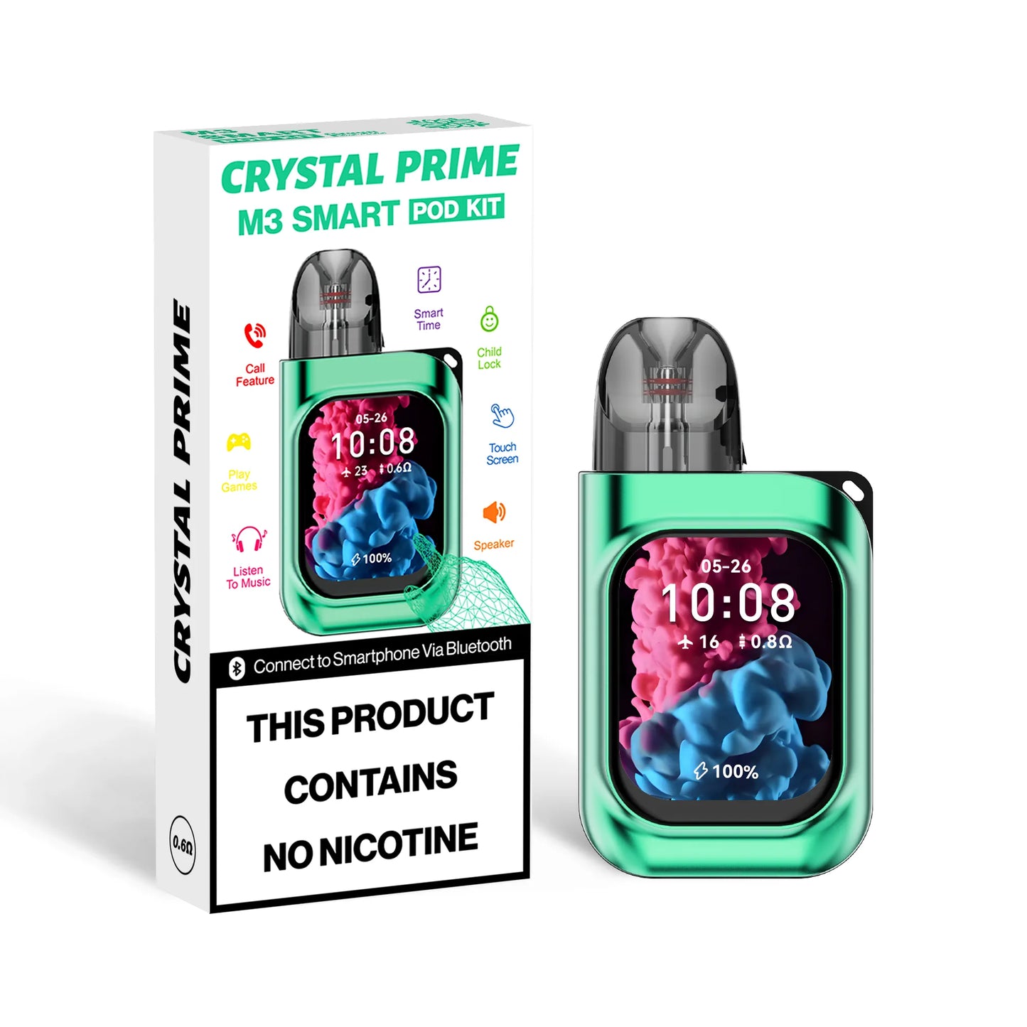 Crystal Prime M3 Smart Pod Kit in Green. Refillable Touch screen Vape with Bluetooth, Call Functions, Music Playback & Games. Consists of a 2ml Pod.