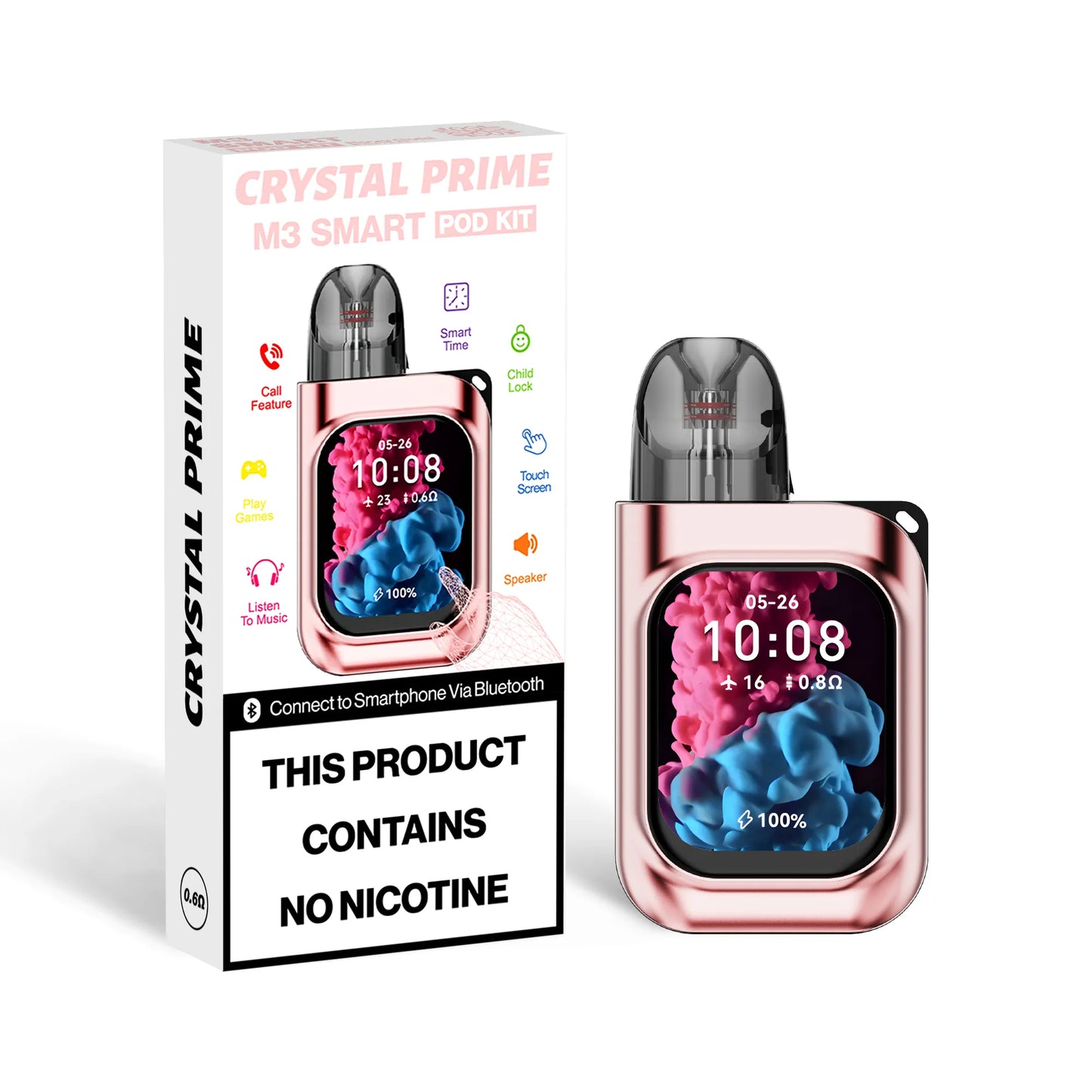 Crystal Prime M3 Pod Kit in Pink or Rose Gold. Refillable Vape with Touchscreen, Music, Games, and Bluetooth Call Features. Has a 0.6 ohm and 0.8 ohm 2ml Pod.
