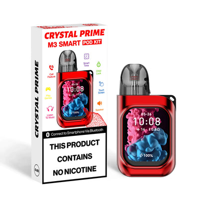 Crystal Prime M3 Vape Pod Kit in Red. A refillable vape with Bluetooth, Touchscreen, Music, Games & Call Features. Also has a 0.8 ohm 2ml Pod.