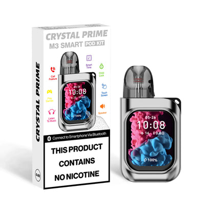 Crystal Prime M3 Smart Pod Vape Kit in Grey and Silver. Refillable Vape with Bluetooth Call Feature Games & Music. Consists of a 0.6 ohm 2ml Pod.