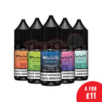 Load image into Gallery viewer, A photo of five bottles of ELUX Legend Nic Salt e-liquid. The bottles are lined up in a row and are labeled with different flavors: Tiger Blood, Lemon &amp; Lime, Blueberry Cherry, Fizzy Cherry, and Passionfruit Guava. Each bottle has a nicotine strength of 20mg/ml, a 2% concentration, and a 10ml volume. The bottles are on a black background with a &quot;4 FOR £11&quot; promotion in the bottom right corner. The image also includes warnings about nicotine being highly addictive.
