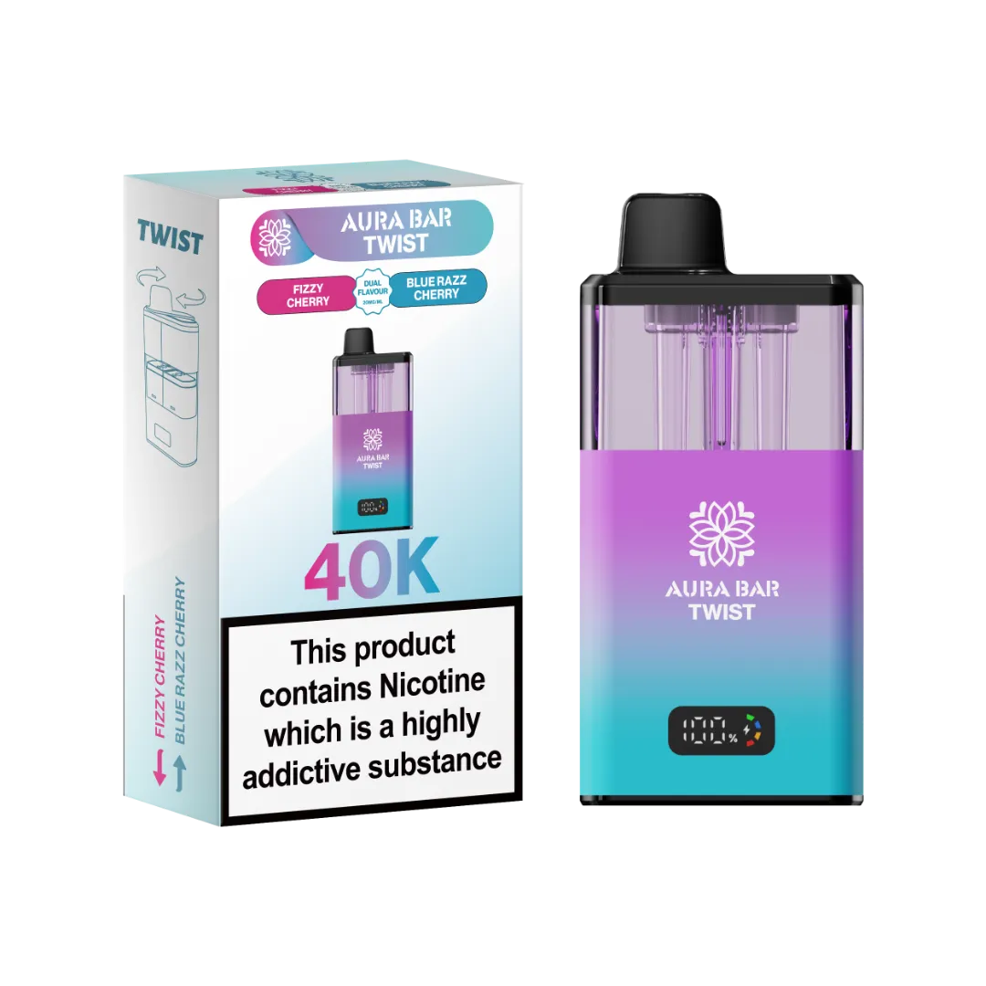 Fizzy Cherry and Blue Razz Cherry dual flavour vape by Crystal Prime Aura Bar Twist 40K Puff Vape