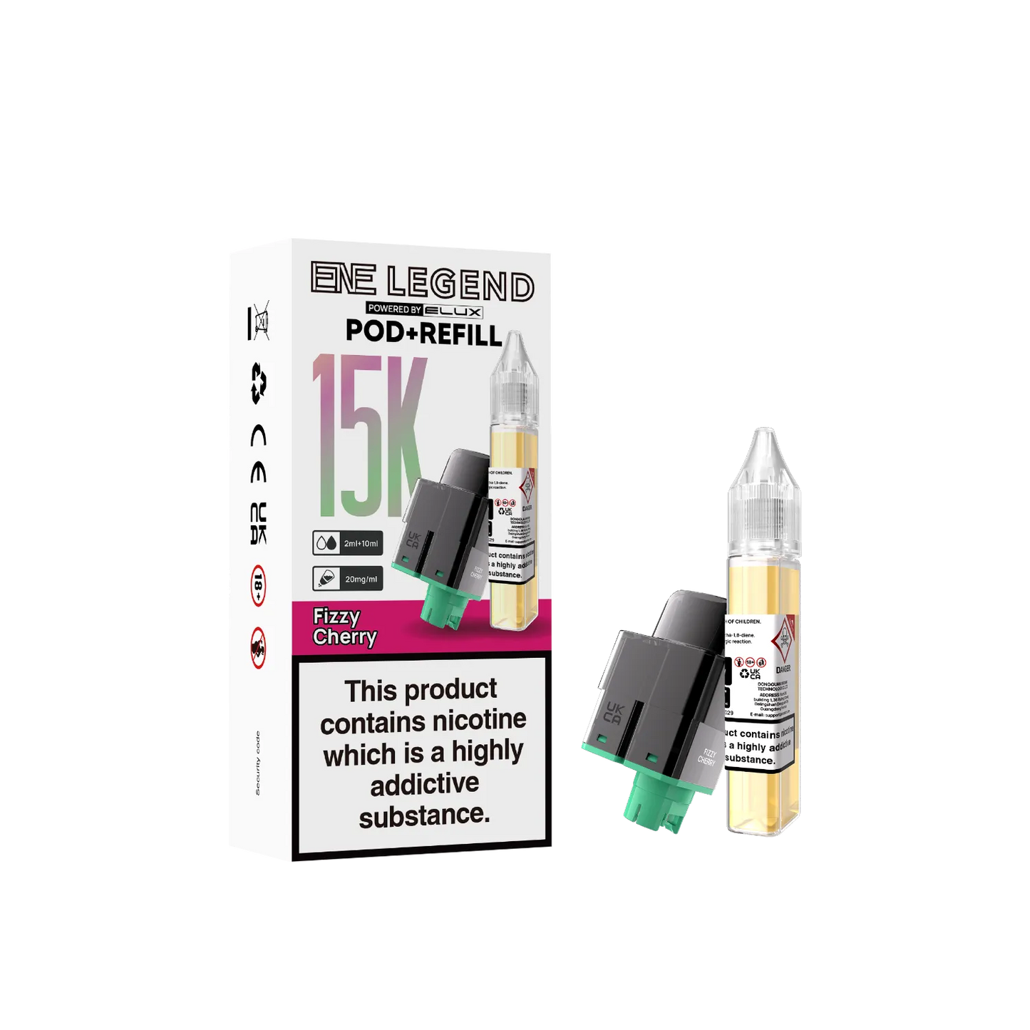 Fizzy Cherry flavour pod and refill container for ENE Legend 15K