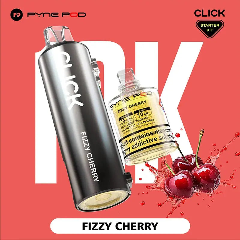 Close-up studio shot of a Pyne Pod Click starter kit, showing a dark grey vape pen with "Fizzy Cherry" printed on the side, and a clear bottle of the same flavoured e-liquid, with several cherries and a splash of red liquid in the foreground.