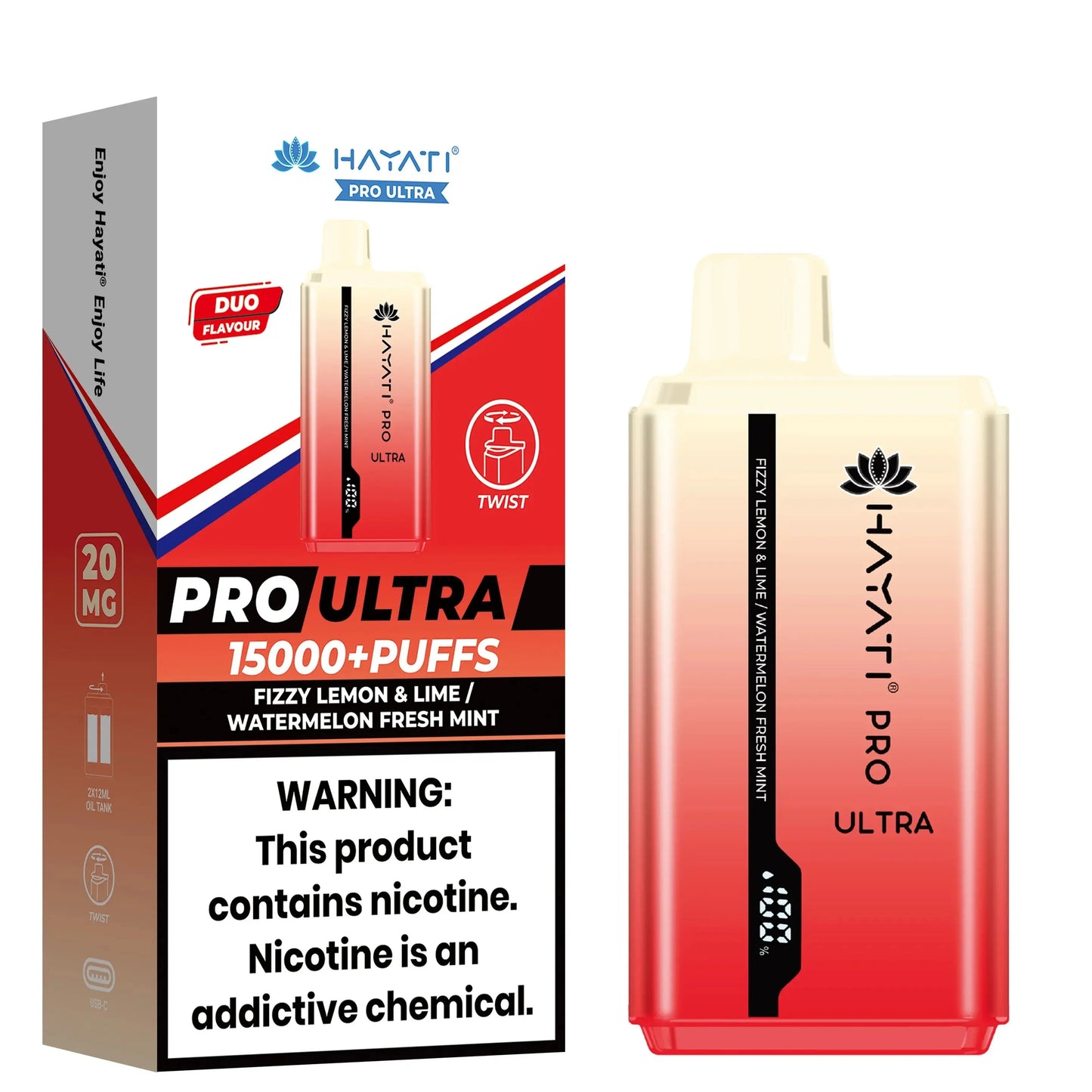 Hayati Pro Ultra disposable vape in Fizzy Lemon & Lime / Watermelon Fresh Mint flavor, with a salmon-colored device and packaging.