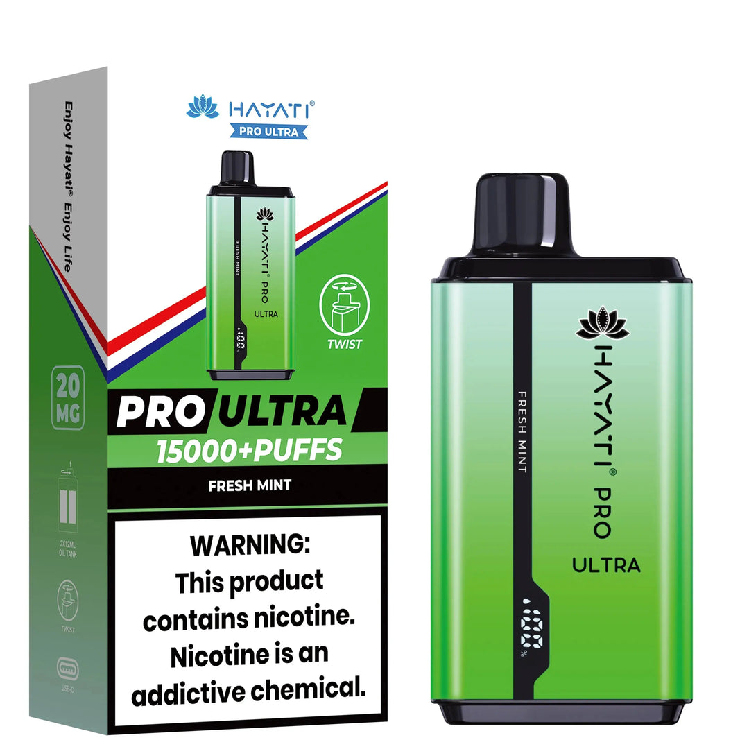 Hayati Pro Ultra disposable vape in Fresh Mint flavor, presented with a green device and matching packaging.