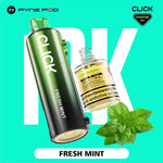 Load image into Gallery viewer, Close-up studio shot of a Pyne Pod Click starter kit, showing a dark grey vape pen with &quot;Fresh Mint&quot; printed on the side, and a clear bottle of the same flavoured e-liquid, with a sprig of fresh mint leaves in the foreground.
