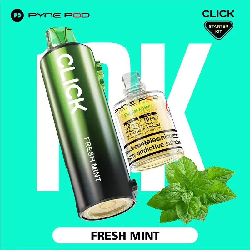 Close-up studio shot of a Pyne Pod Click starter kit, showing a dark grey vape pen with "Fresh Mint" printed on the side, and a clear bottle of the same flavoured e-liquid, with a sprig of fresh mint leaves in the foreground.