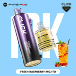 Load image into Gallery viewer, Close-up studio shot of a Pyne Pod Click starter kit, showing a dark grey vape pen with &quot;Fresh Mint&quot; printed on the side, and a clear bottle of the same flavoured e-liquid, with a sprig of fresh mint leaves in the foreground.
