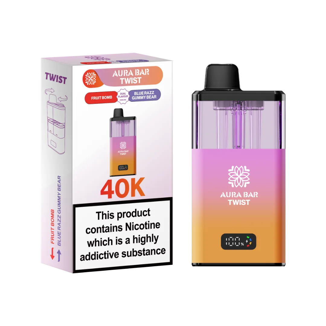 Fruit Bomb and Blue Razz Gummy Bear dual flavour vape by Crystal Prime Aura Bar Twist 40K Puff Vape