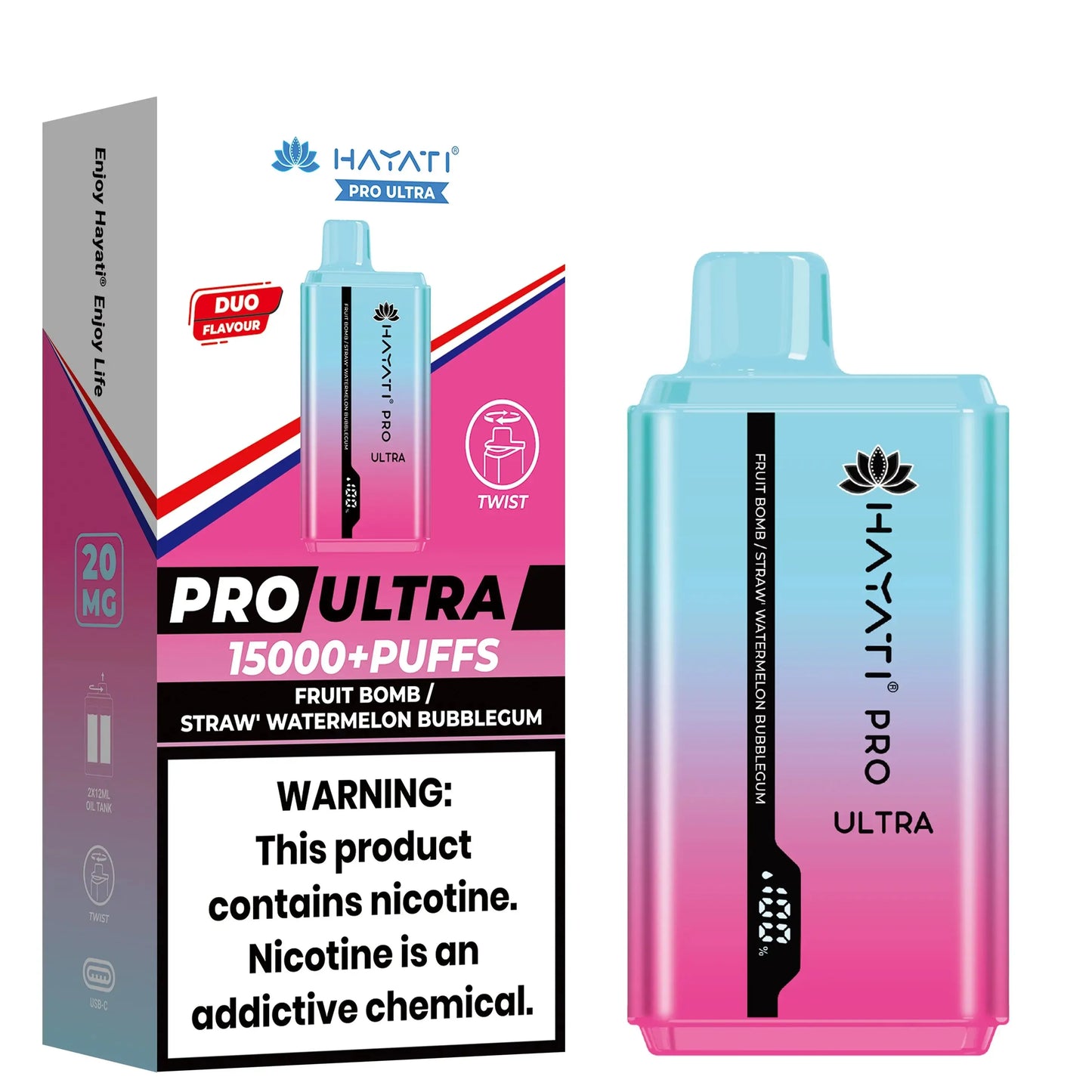 Hayati Pro Ultra disposable vape in Fruit Bomb / Straw Watermelon Bubblegum flavor, featuring a turquoise device with pink accents and packaging.