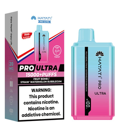 Hayati Pro Ultra disposable vape in Fruit Bomb / Straw Watermelon Bubblegum flavor, featuring a turquoise device with pink accents and packaging.