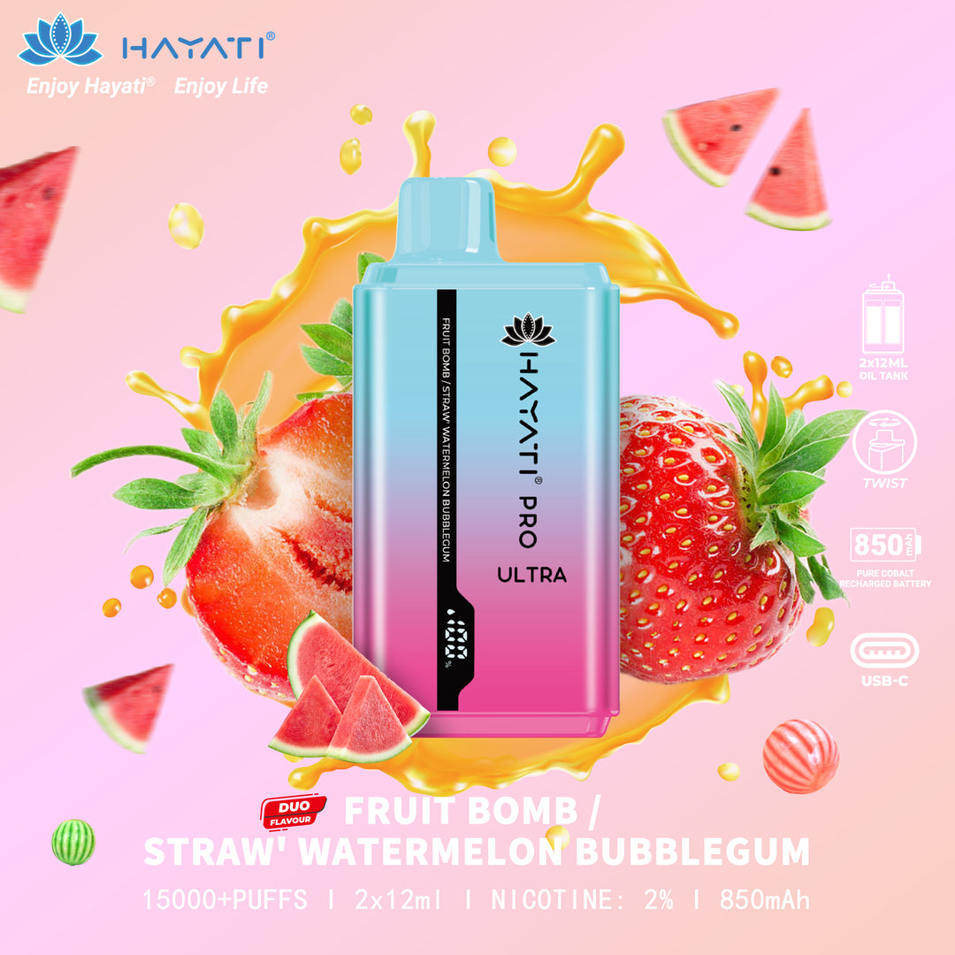 Fruit Bomb / Straw Watermelon Bubblegum Hayati Pro Ultra 15K Puff Disposable Vape