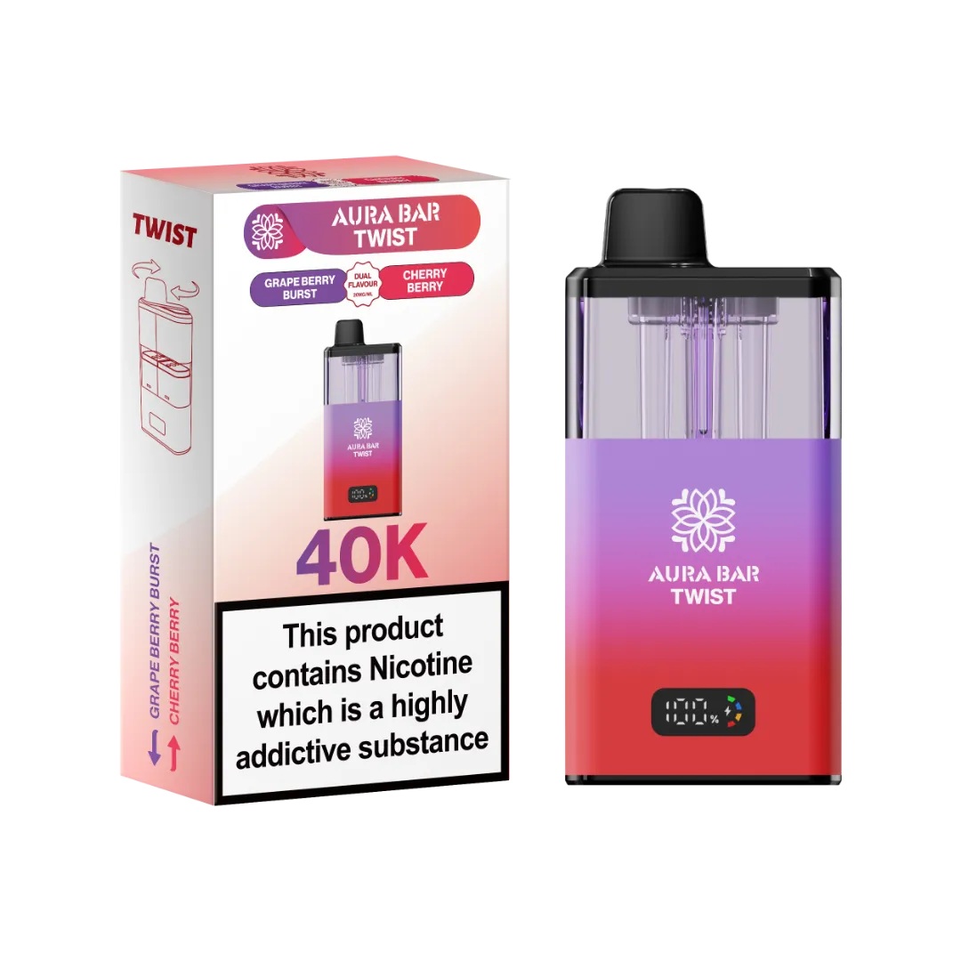 Grape Berry Burst and Cherry Berry dual flavour vape by Crystal Prime Aura Bar Twist 40K Puff Vape