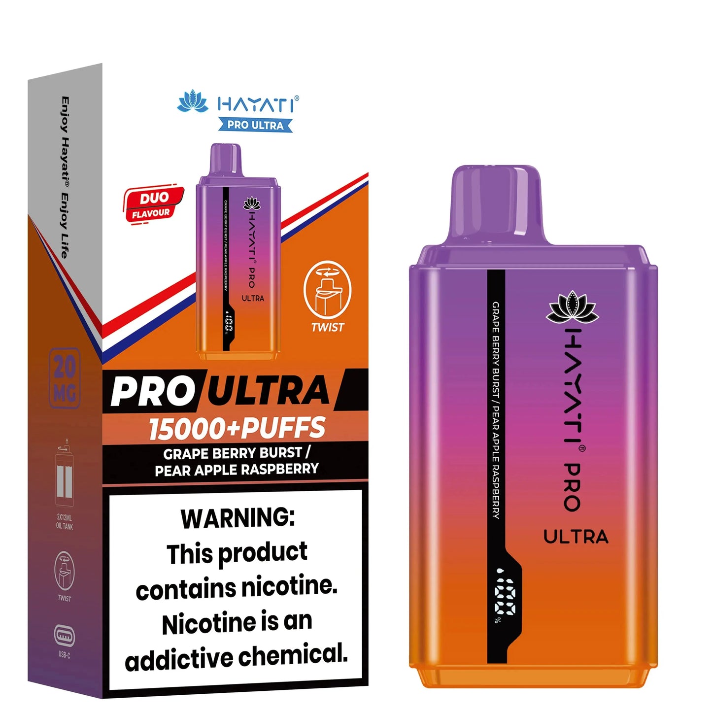 Hayati Pro Ultra disposable vape in Grape Berry Burst / Pear Apple Raspberry flavor, with a violet device and packaging.