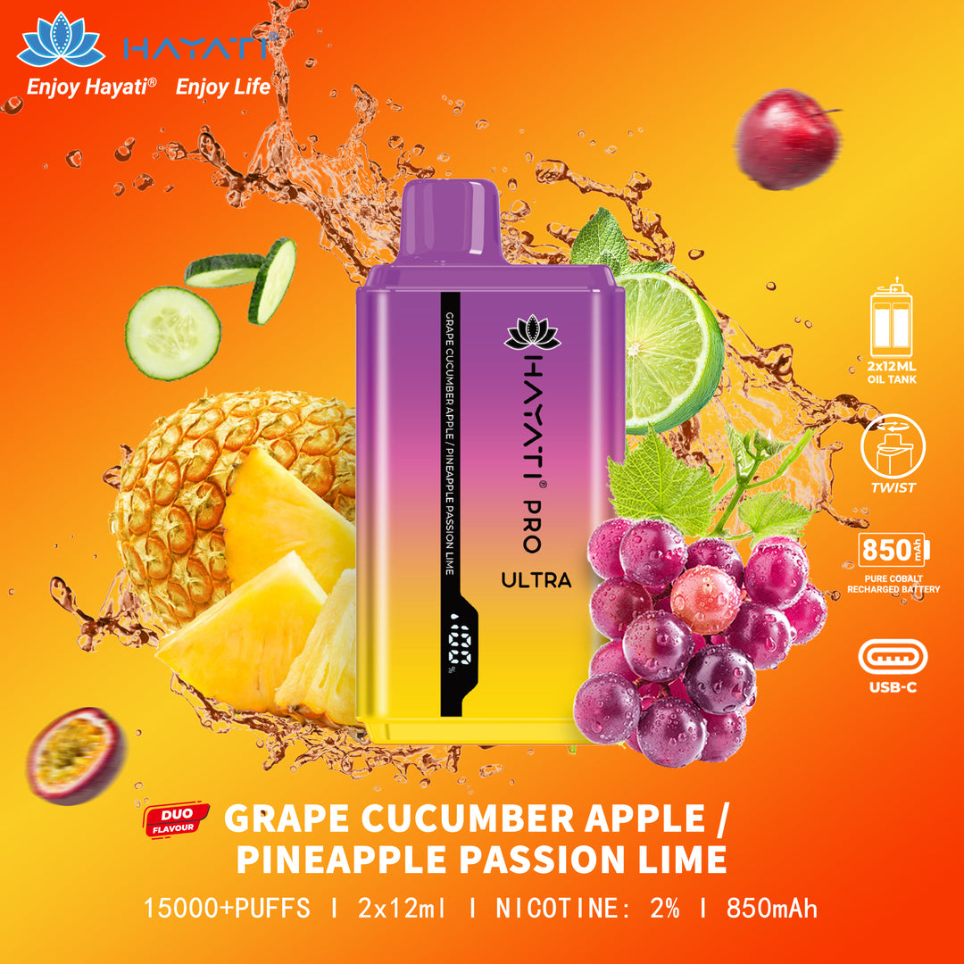 Grape Cucumber Apple / Pineapple Passion Lime Hayati Pro Ultra 15K Puff Disposable Vape