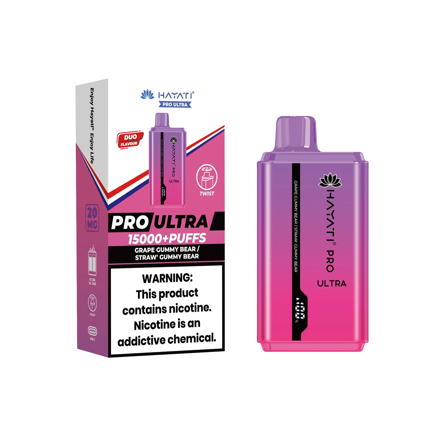 Hayati Pro Ultra 15000+ Puffs disposable vape in Grape Gummy Bear / Strawberry Gummy Bear flavor, with a purple device and packaging.