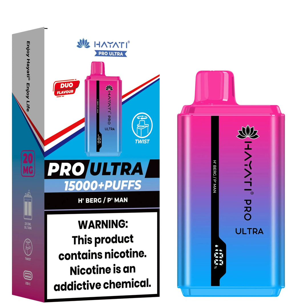 Hayati Pro Ultra 15000+ Puffs disposable vape in H' Berg / P' Man flavor, presented with a gradient pink and purple device and packaging.