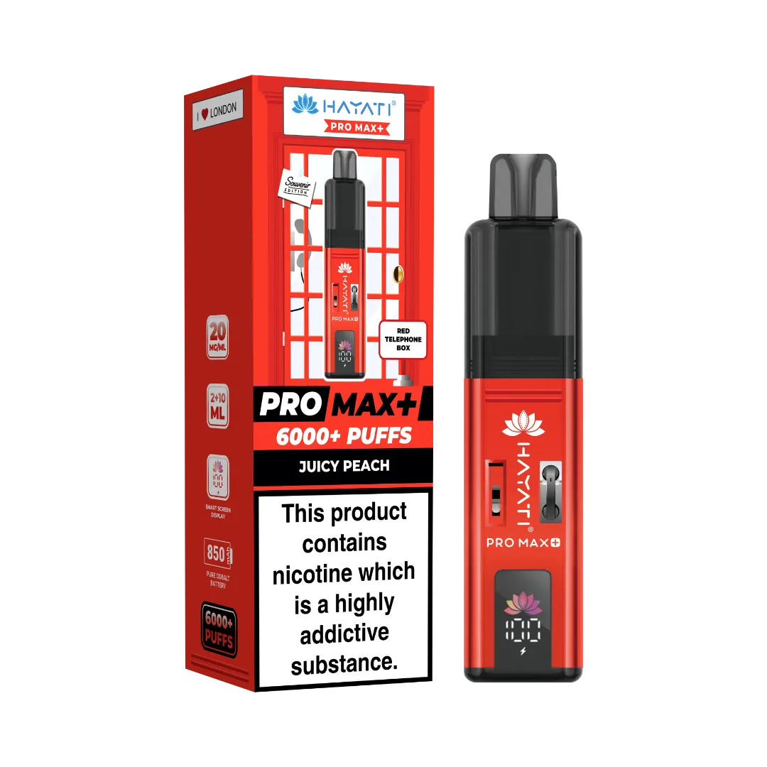 Juicy Peach flavour Hayati Pro Max Plus 6000 Puff Red Telephone Box Souvenir Edition