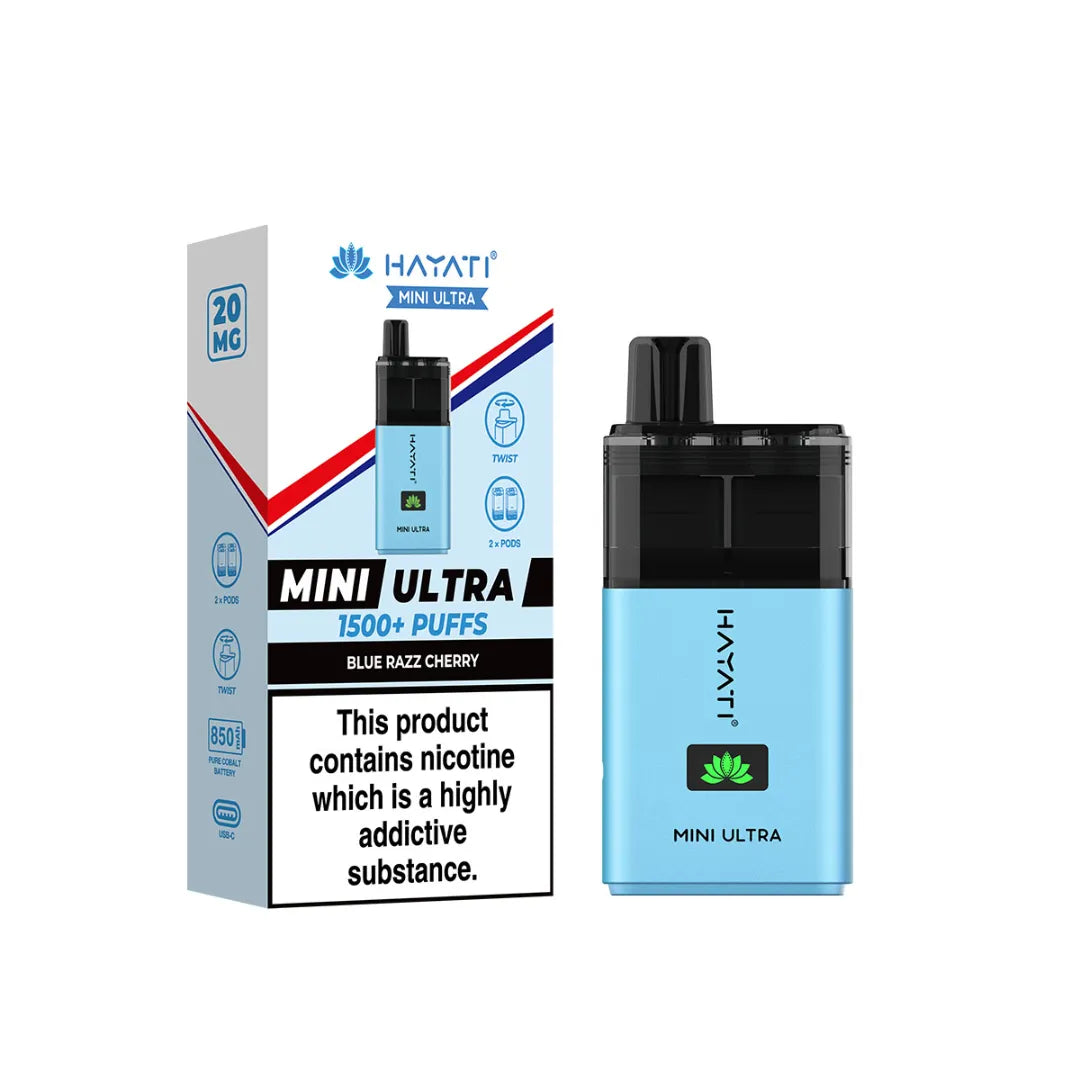 blue razz cherry flavour hayati mini ultra 1500 puff prefilled pod kit