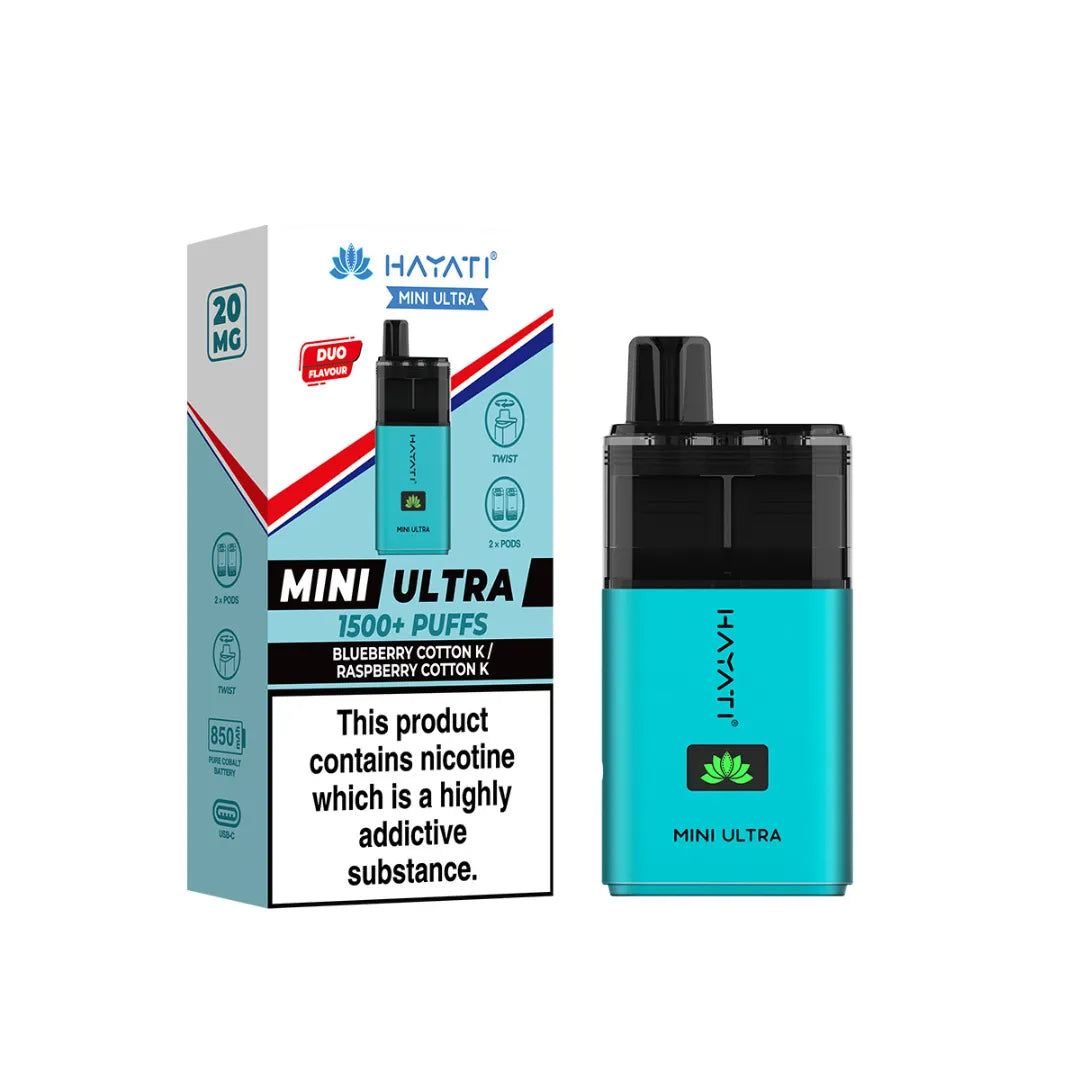 blueberry cotton k and raspberry cotton k flavour hayati mini ultra 1500 puff prefilled pod kit