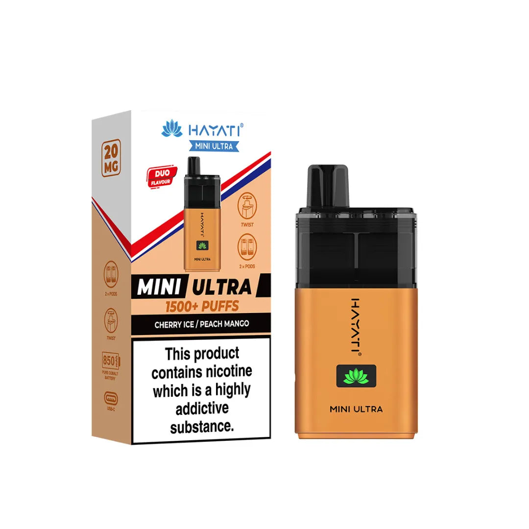cherry ice and peach mango flavour hayati mini ultra 1500 puff prefilled pod kit