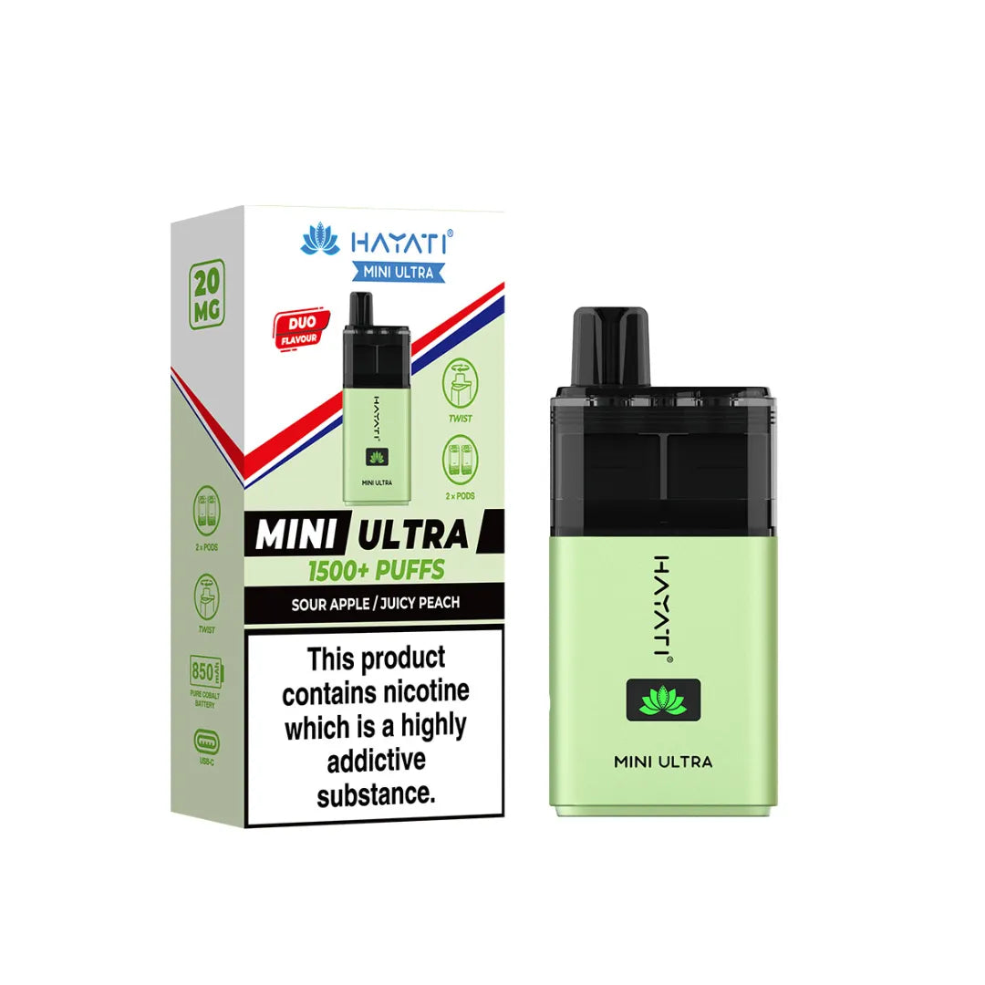 sour apple and juicy peach flavour hayati mini ultra 1500 puff prefilled pod kit