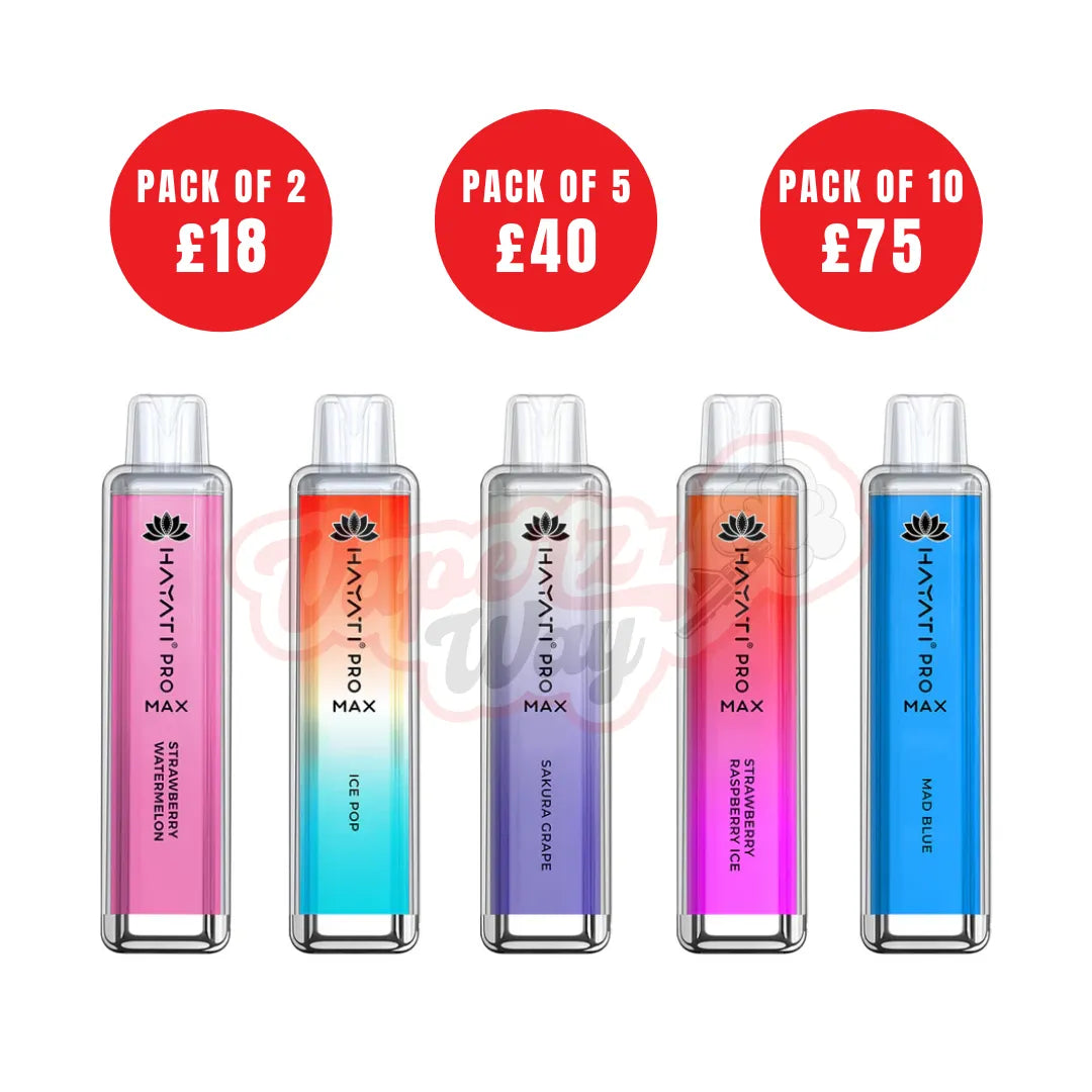 Hayati Pro Max disposable vapes in various flavors: Strawberry Watermelon, Ice Pop, Sakura Grape, Strawberry Raspberry Ice, and Mad Blue. The vapes are arranged in rows with the flavors labeled below each. Pricing information is also included for packs of 2, 5, and 10.