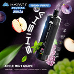 Load image into Gallery viewer, Advertising image for Hayati Pro Max Shisha, featuring the Apple Mint Grape flavour. It notes 15,000+ puffs, 15mL e-liquid capacity, and 5mg/mL nicotine. The cosmic backdrop includes apples and grapes.
