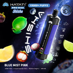 Load image into Gallery viewer, Promotional image for Hayati Pro Max Shisha displaying the Blue Mist Pink flavour. Includes specifications like 15,000+ puffs, 15mL e-liquid, and 5mg/mL nicotine. The background is cosmic with a visual of a pink fruit and mint.
