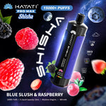 Load image into Gallery viewer, Marketing graphic for Hayati Pro Max Shisha in Blue Slush &amp; Raspberry flavour. It details 15,000+ puffs, 15mL e-liquid capacity, and 5mg/mL nicotine, with a space-themed background featuring raspberries.
