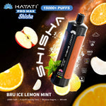 Load image into Gallery viewer, Advertisement for Hayati Pro Max Shisha, showcasing the Bru Ice Lemon Mint flavour. Features include 15,000+ puffs, 15mL e-liquid, and 5mg/mL nicotine. The background is cosmic with visuals of lemons and mint.
