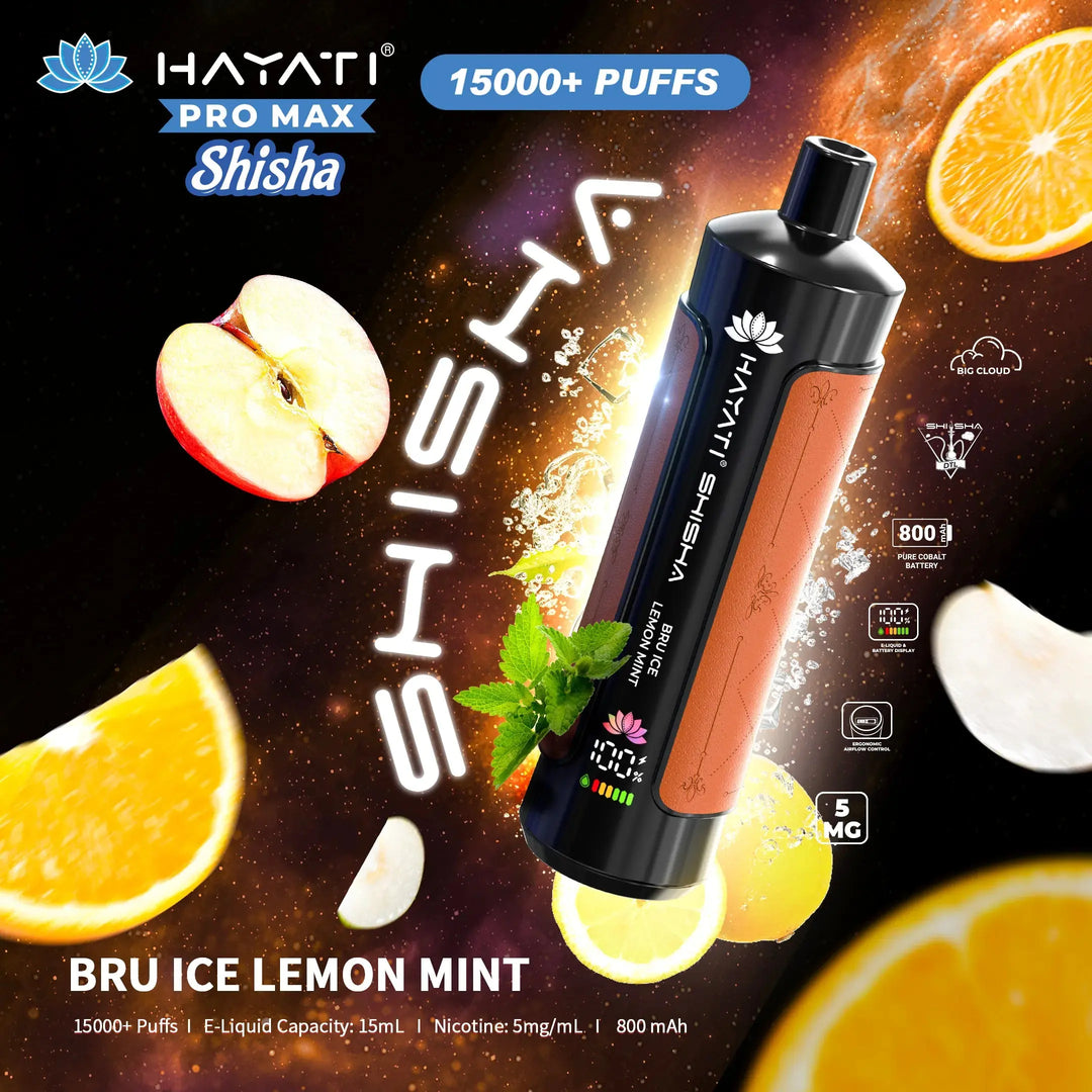 Advertisement for Hayati Pro Max Shisha, showcasing the Bru Ice Lemon Mint flavour. Features include 15,000+ puffs, 15mL e-liquid, and 5mg/mL nicotine. The background is cosmic with visuals of lemons and mint.