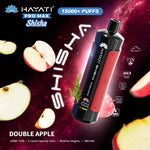 Load image into Gallery viewer, Promotional image for Hayati Pro Max Shisha in Double Apple flavour. This image lists the product specifications like 15,000+ puffs, 15mL e-liquid, and 5mg/mL nicotine, set against a space-themed background with apples.
