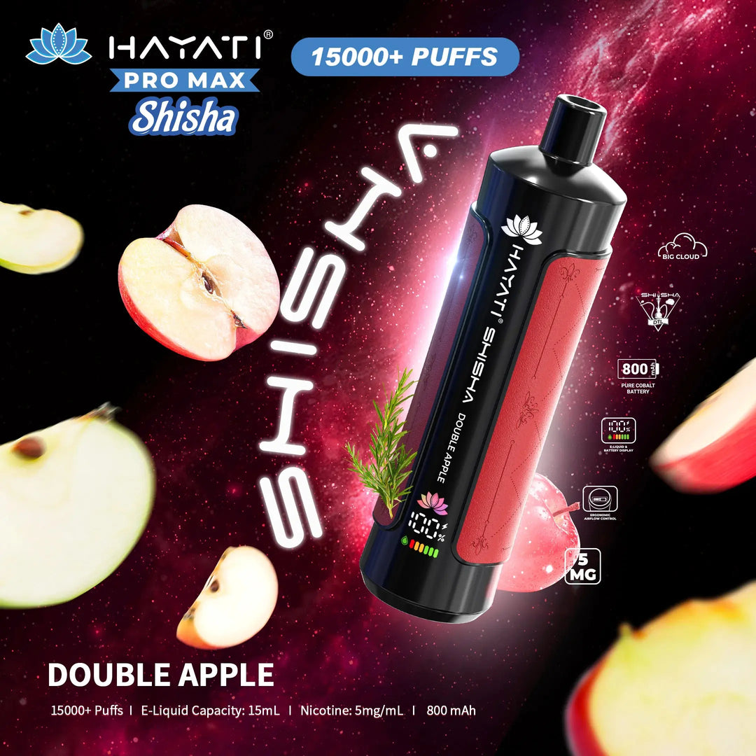 Promotional image for Hayati Pro Max Shisha in Double Apple flavour. This image lists the product specifications like 15,000+ puffs, 15mL e-liquid, and 5mg/mL nicotine, set against a space-themed background with apples.