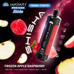 Load image into Gallery viewer, Marketing image for Hayati Pro Max Shisha, featuring Frozen Apple Raspberry flavour. Details include 15,000+ puffs, 15mL e-liquid capacity, and 5mg/mL nicotine. It&#39;s set against a cosmic backdrop with apples and raspberries.
